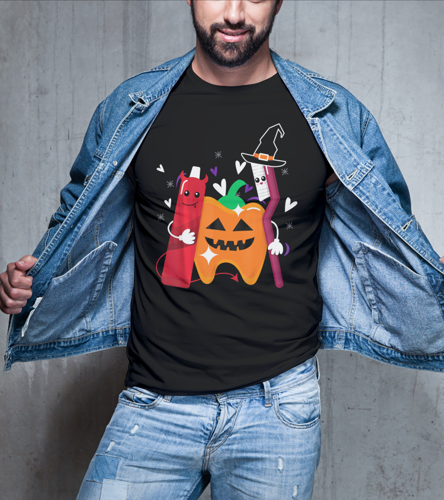 Happy Halloween Costume Toothbrush Tooth With Pumpkin And Toothpaste Characters T-Shirt