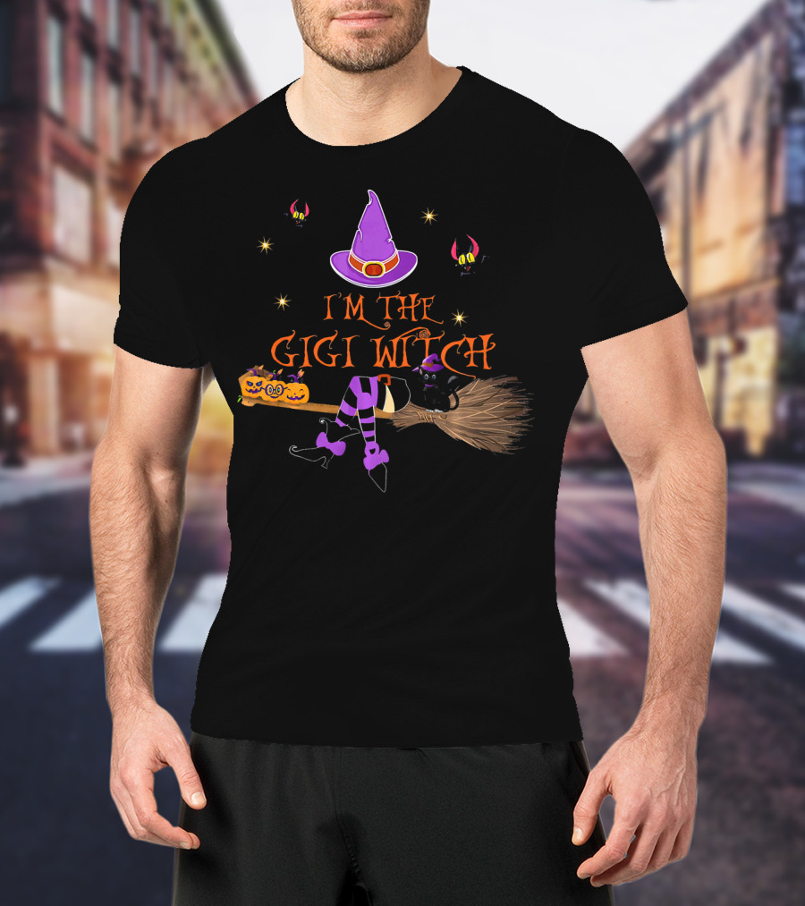 I'm The Gigi Witch Halloween Purple Hat Cat Broomstick Stars T-Shirt
