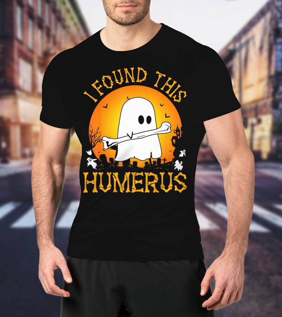 I Found This Humerus Halloween Ghost With Bone Spooky Graveyard Scene T-Shirt