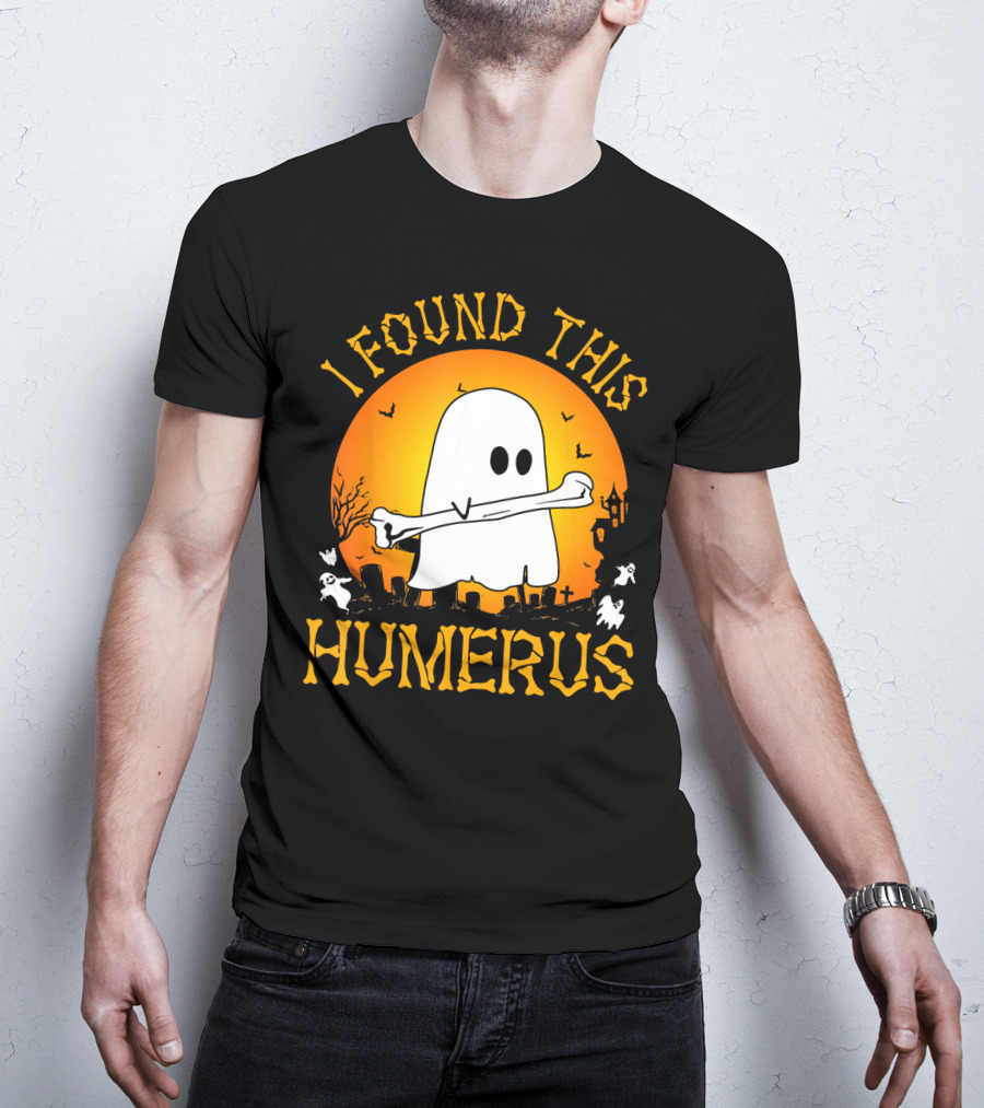 I Found This Humerus Halloween Ghost With Bone Spooky Graveyard Scene T-Shirt