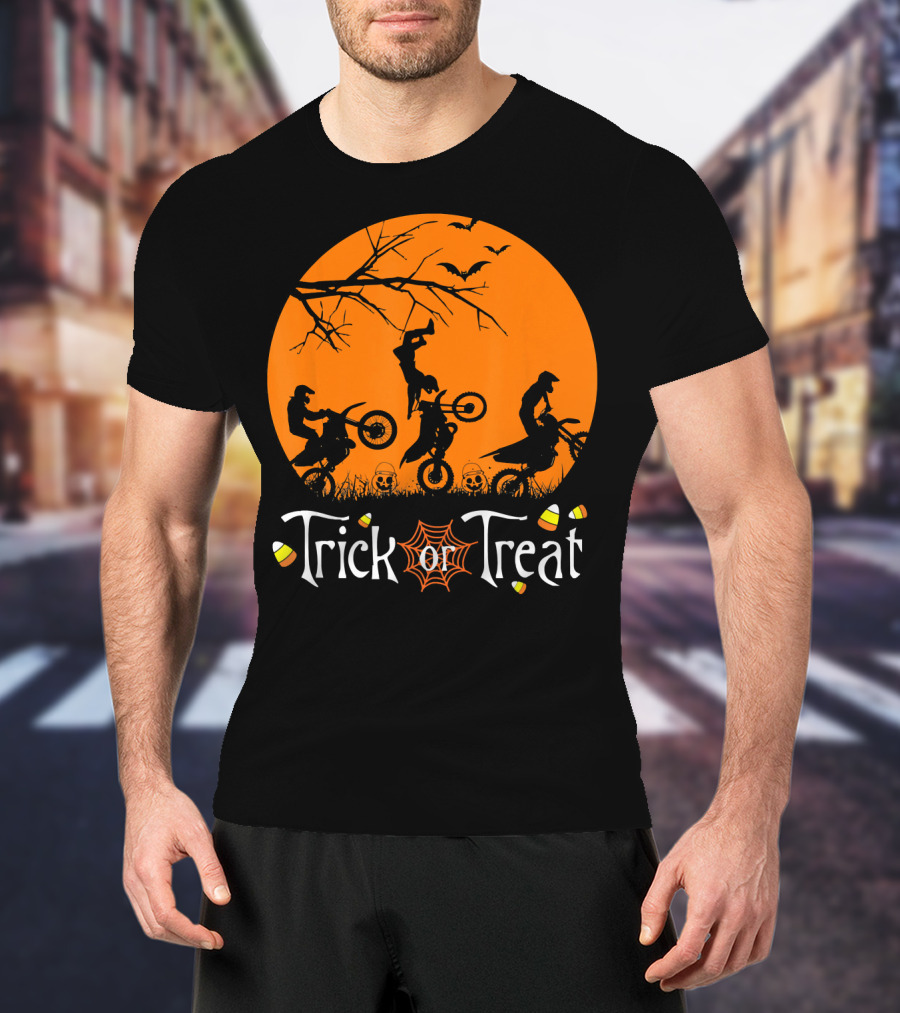 Motocross Halloween Trick Or Treat Moon Scene T-Shirt