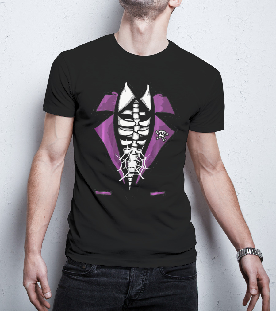 Halloween Skeleton Tuxedo Scary Rib Cage With Spider Web And Skull Brooch T-Shirt