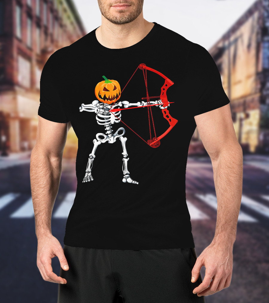 Skeleton Pumpkin Head With Red Bow Archery Halloween T-Shirt