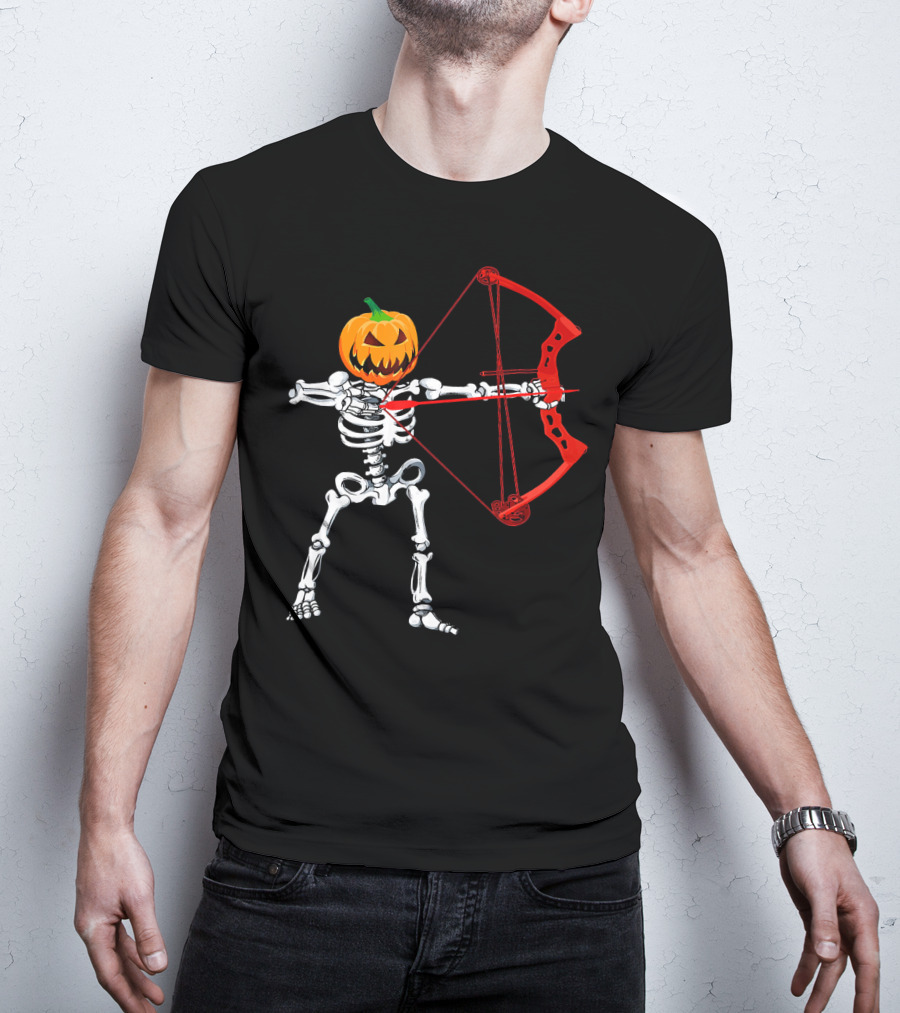 Skeleton Pumpkin Head With Red Bow Archery Halloween T-Shirt