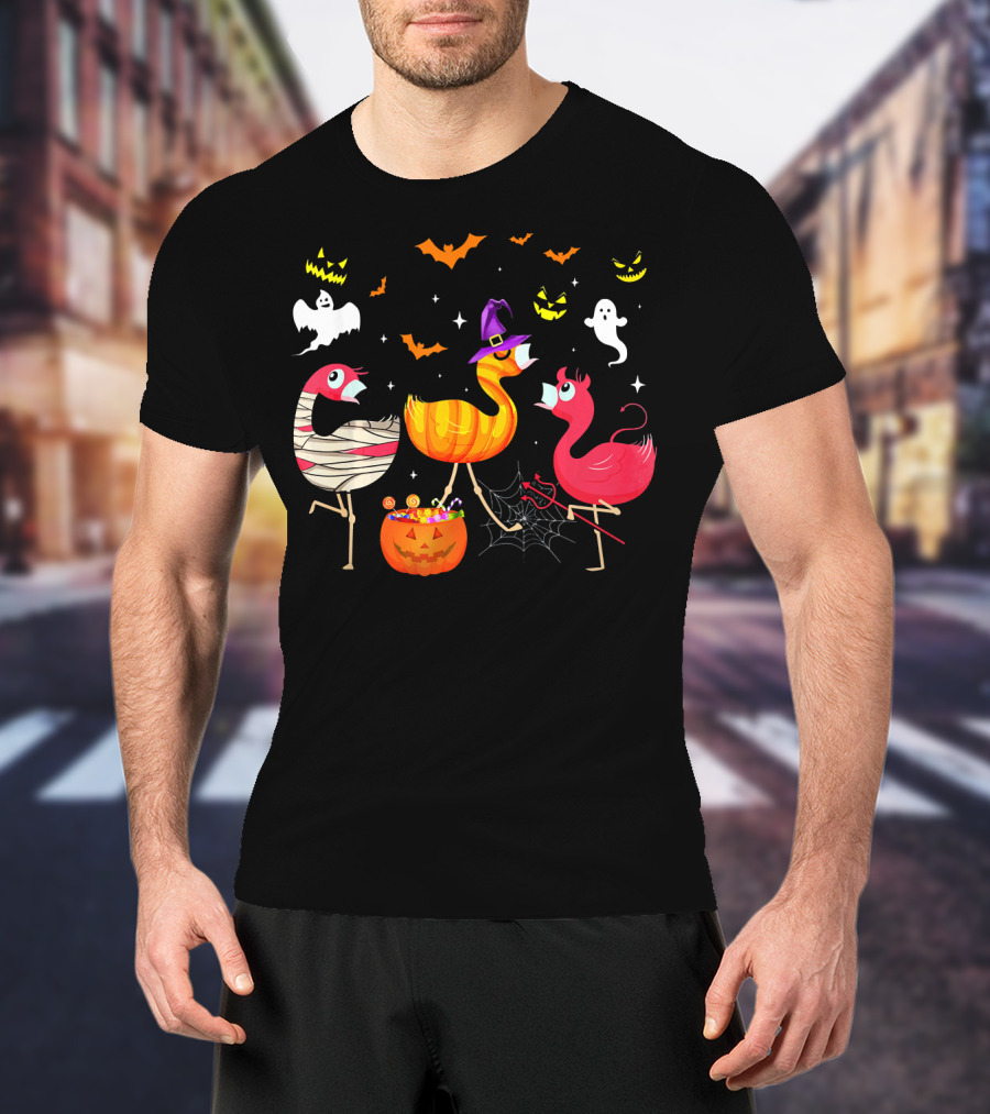 Flamingo Happy Halloween Ghosts And Pumpkins T-Shirt