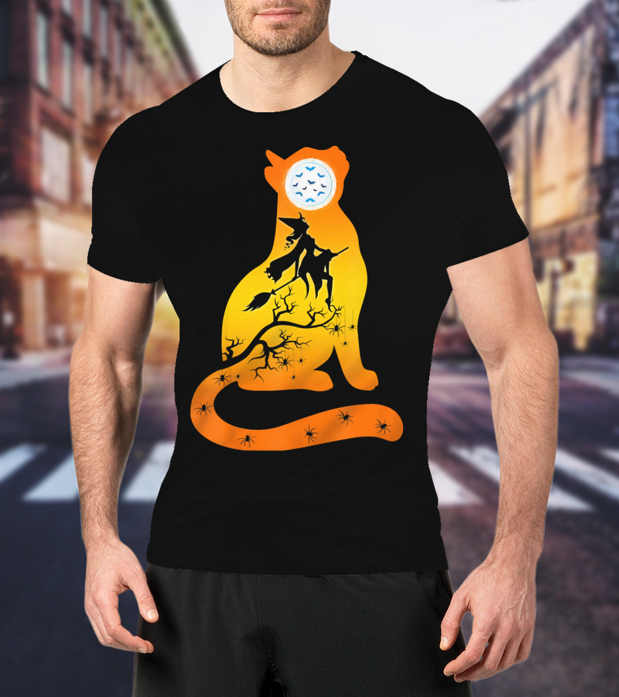 Funny Cat Witch Flying Under Bat Moon With Spooky Webs T-Shirt