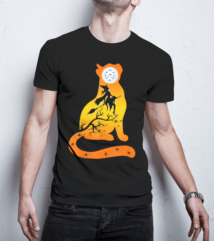 Funny Cat Witch Flying Under Bat Moon With Spooky Webs T-Shirt