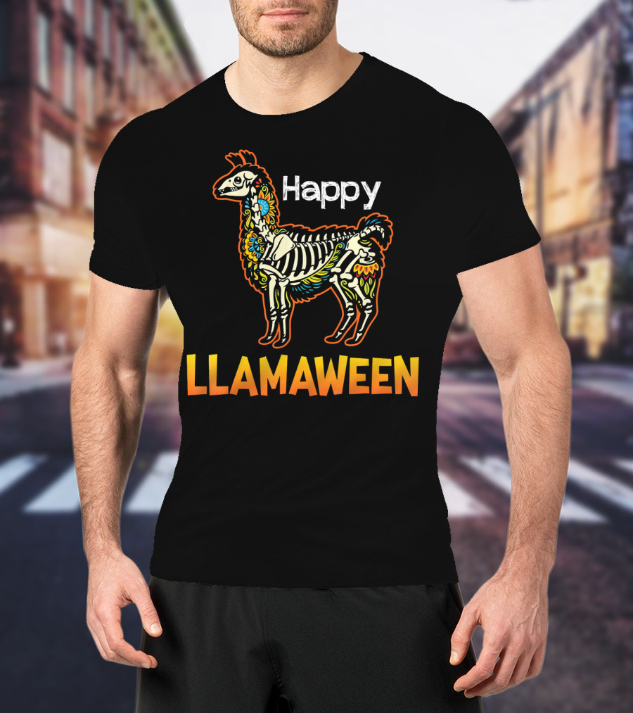 Happy Llamaween Funny Llama Skeleton Halloween T-Shirt