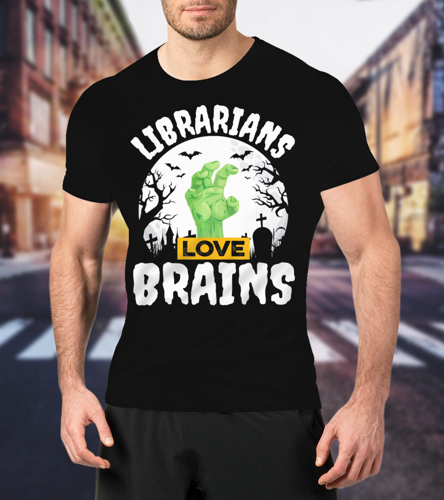 Librarians Love Brains Halloween Zombie Graveyard Scene T-Shirt