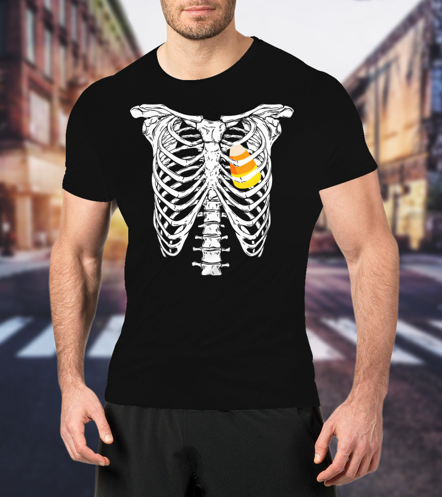 Candy Corn Inside Skeleton Ribs Halloween Humor T-Shirt