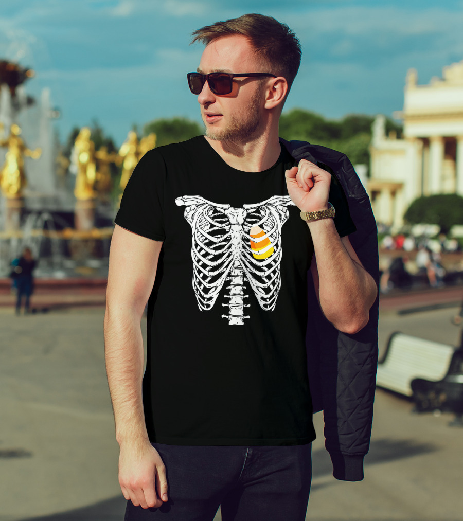 Candy Corn Inside Skeleton Ribs Halloween Humor T-Shirt