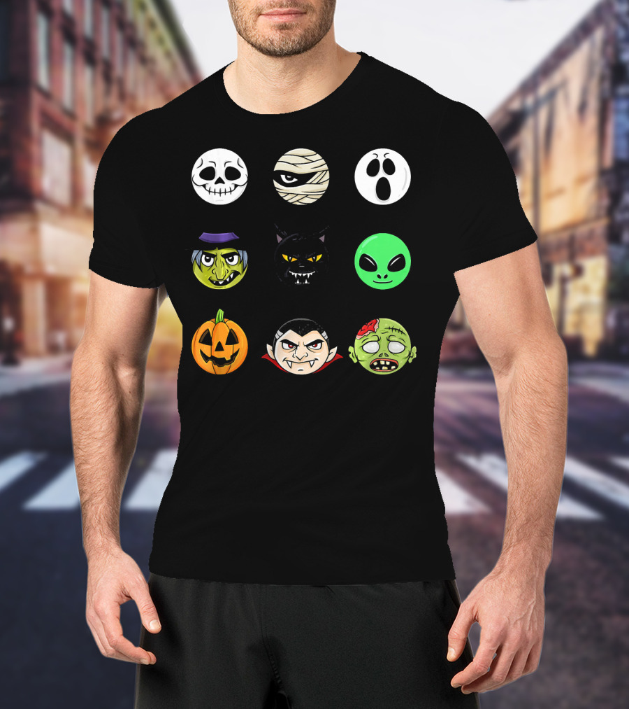 Scary Faces Halloween Emoji Emoji Icons Vampire Mummy Alien Ghost Pumpkin Monster Cat Witch T-Shirt