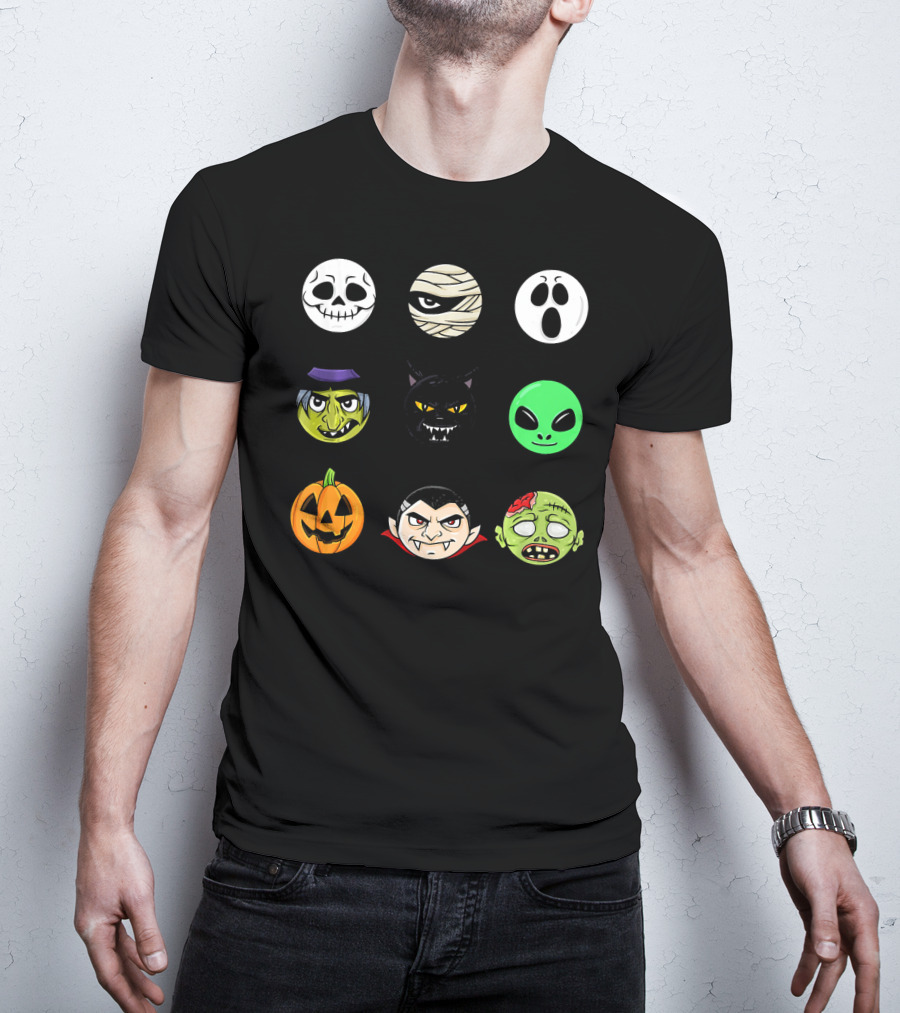 Scary Faces Halloween Emoji Emoji Icons Vampire Mummy Alien Ghost Pumpkin Monster Cat Witch T-Shirt