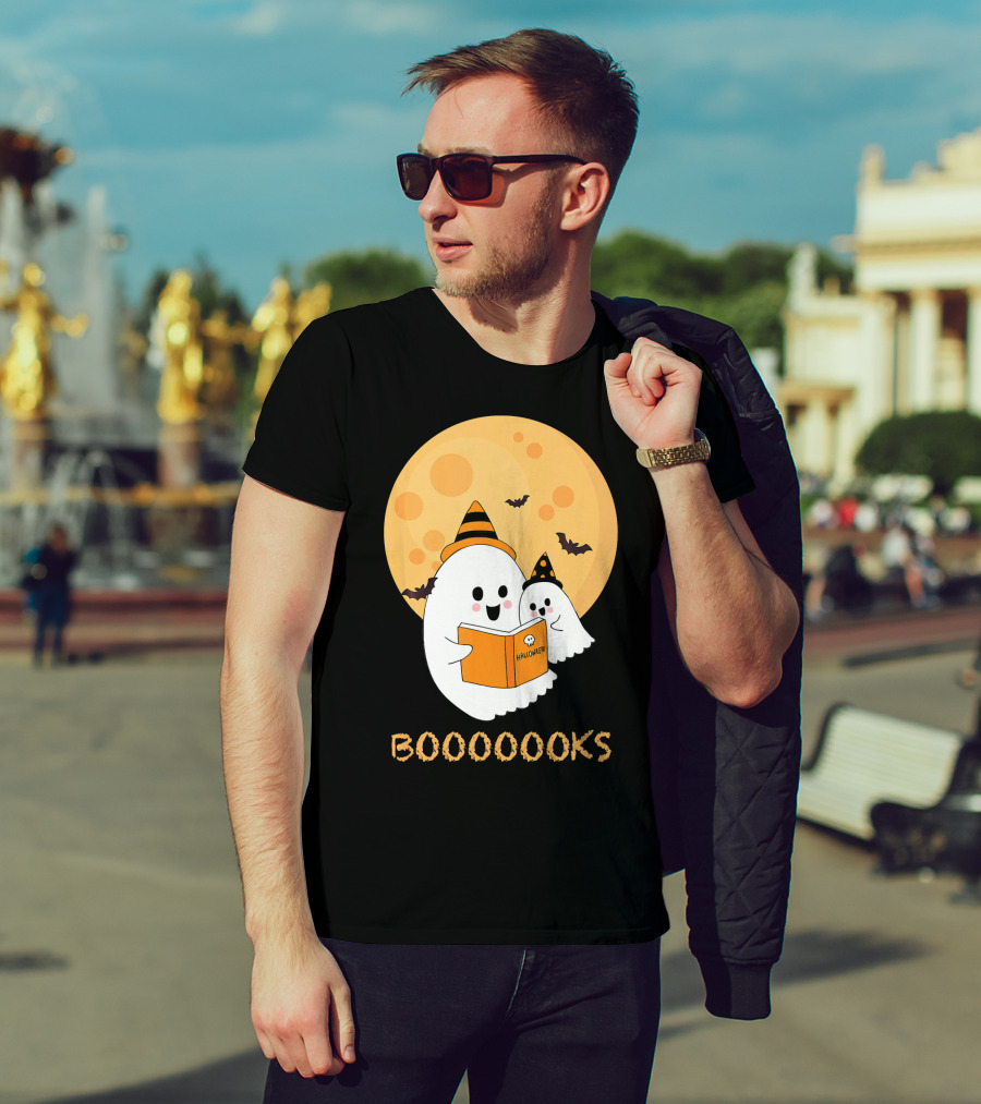 Halloween Ghosts Reading Boooooks Under Full Moon T-Shirt