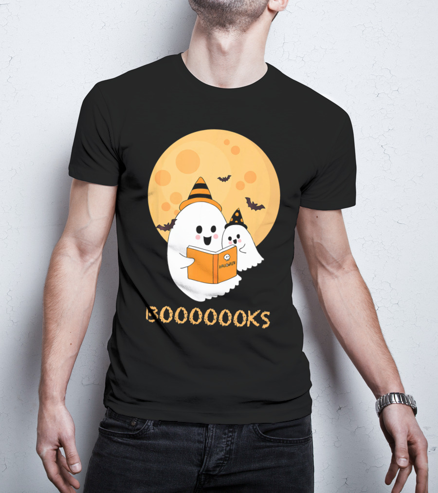 Halloween Ghosts Reading Boooooks Under Full Moon T-Shirt