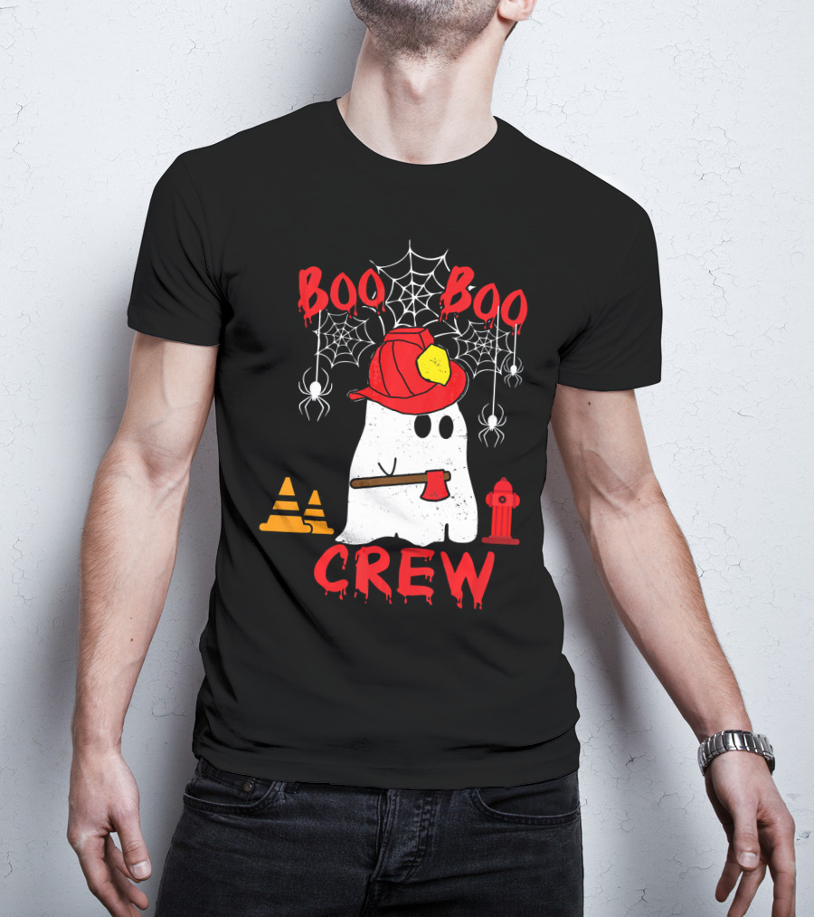 Boo Boo Crew Firefighter Halloween Ghost Spiderwebs And Axe T-Shirt