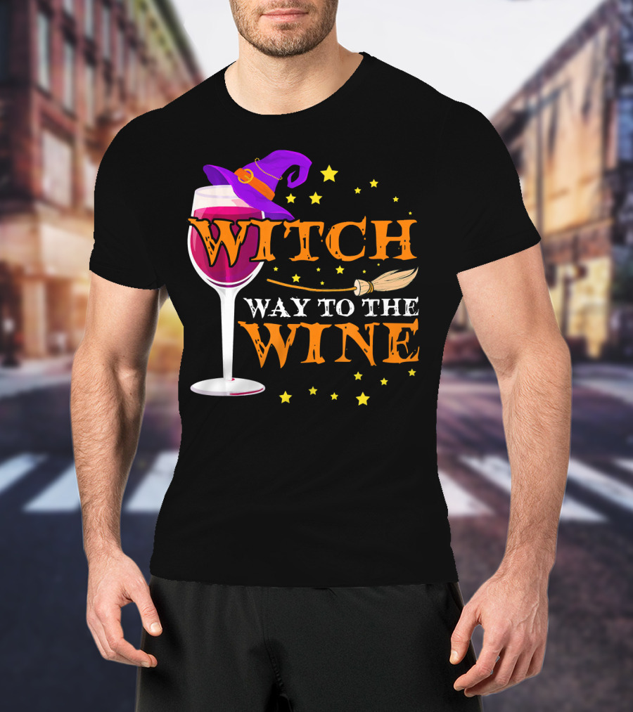 Witch Way To The Wine Halloween Wizard Hat Broomstick Stars T-Shirt