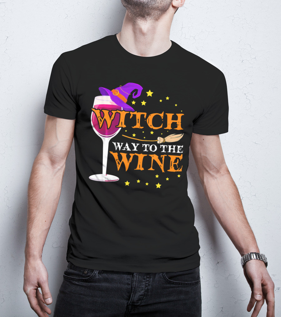 Witch Way To The Wine Halloween Wizard Hat Broomstick Stars T-Shirt