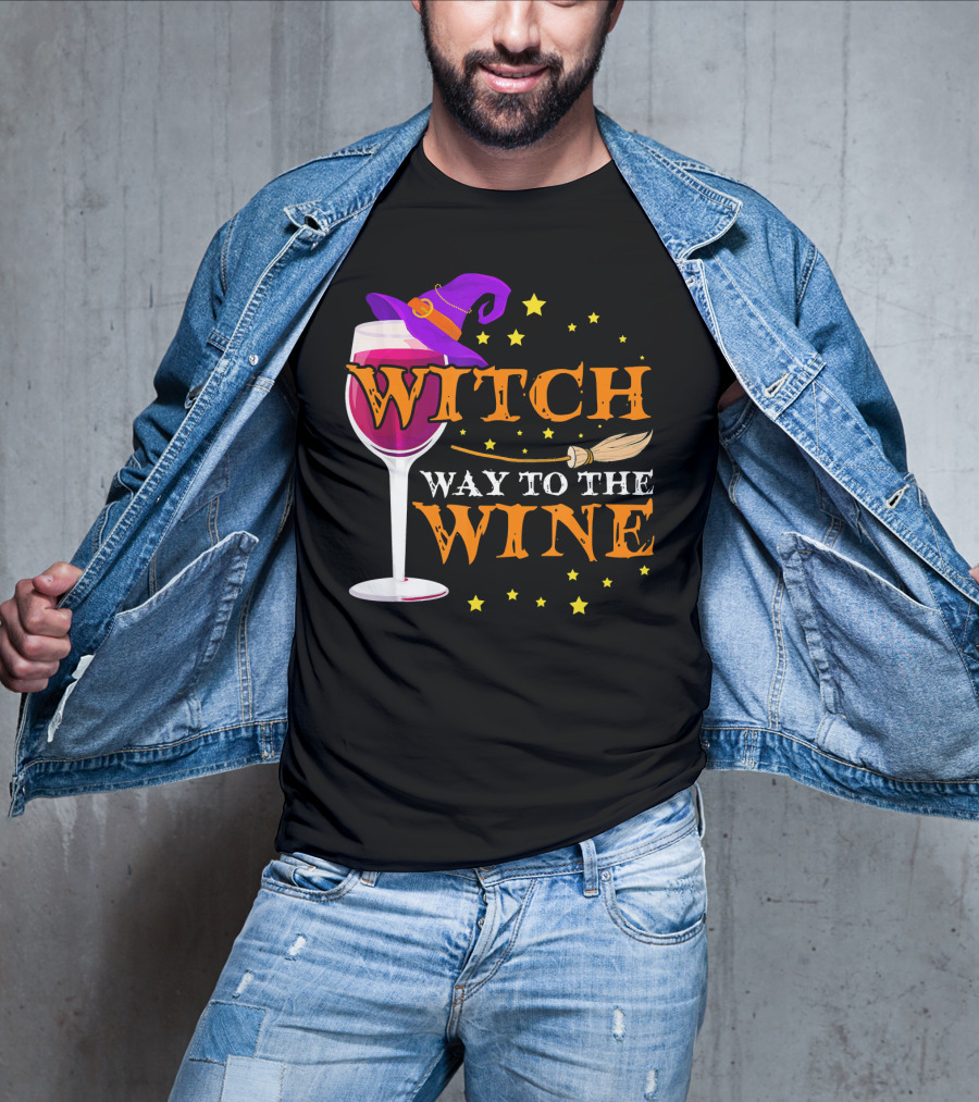 Witch Way To The Wine Halloween Wizard Hat Broomstick Stars T-Shirt