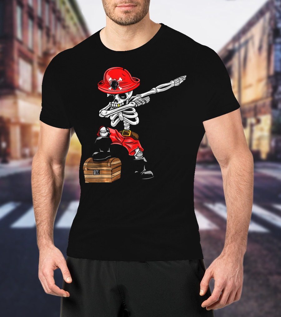 Dabbing Skeleton Pirate With Red Hat And Treasure Chest T-Shirt