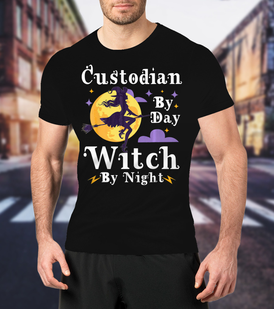 Custodian By Day Witch By Night Flying Broomstick Moon And Stars T-Shirt