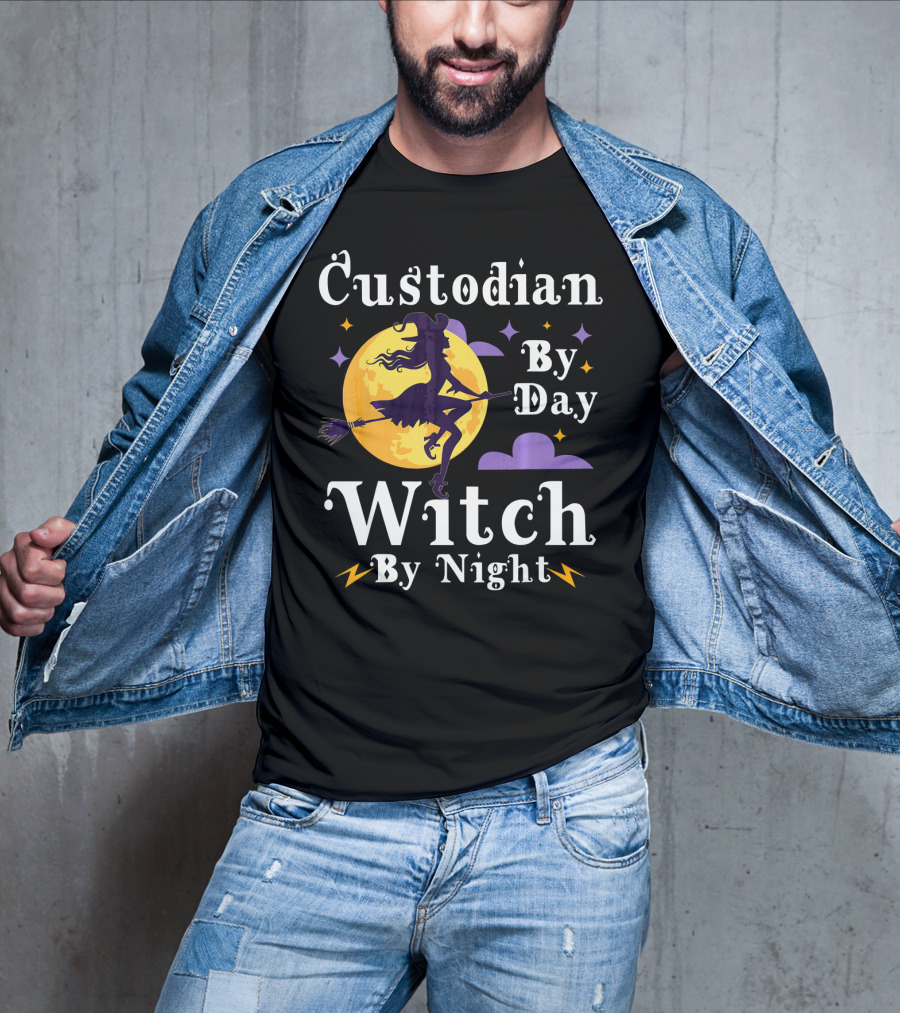 Custodian By Day Witch By Night Flying Broomstick Moon And Stars T-Shirt