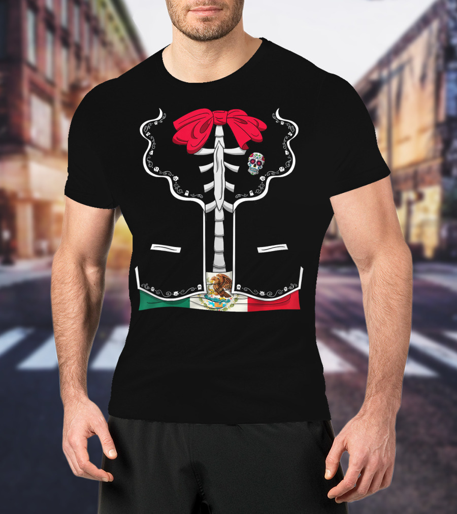 Day Of The Dead Dia De Los Muertos Mexican Skeleton Costume México Flag Sugar Skull Bow T-Shirt