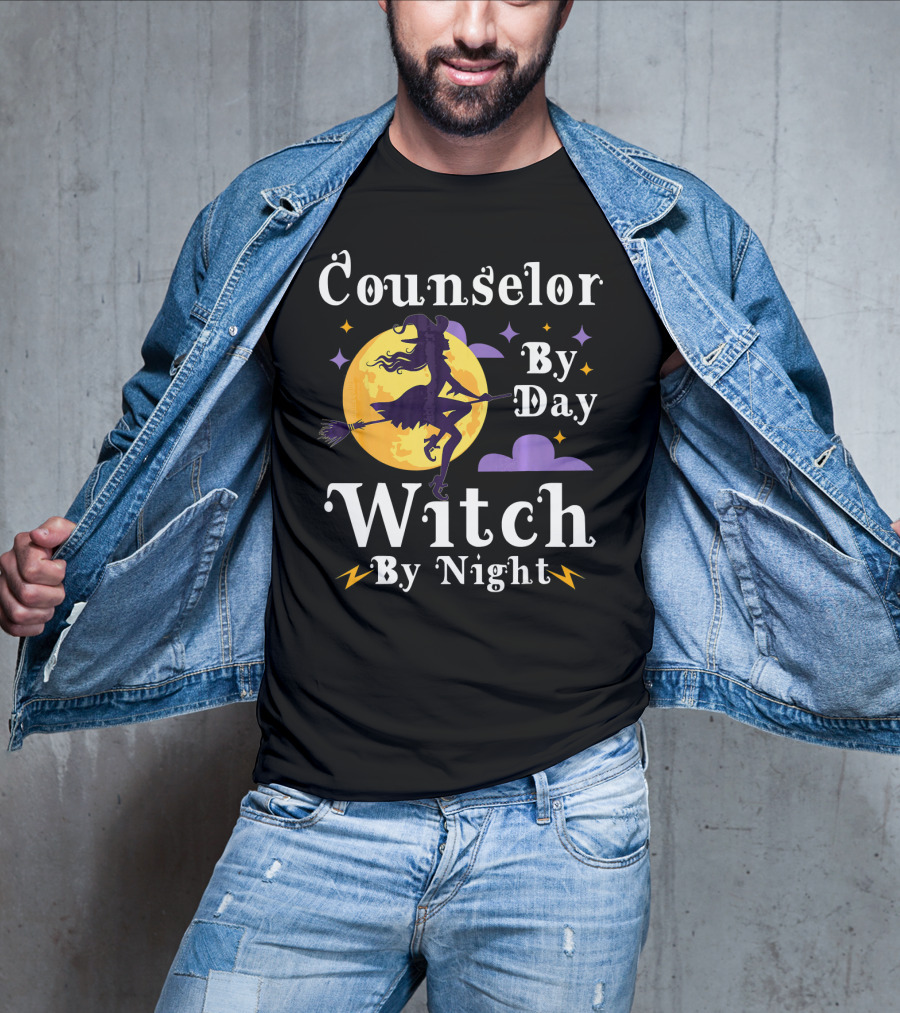 Counselor By Day Witch By Night Flying Broomstick And Full Moon T-Shirt