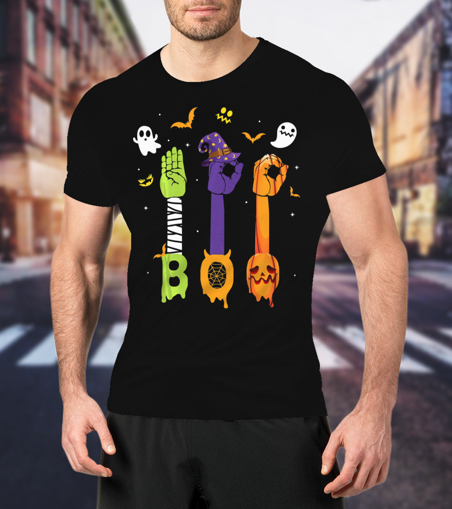 Boo Zombie Hand Sign Witch Hat Pumpkin Ghosts Halloween T-Shirt