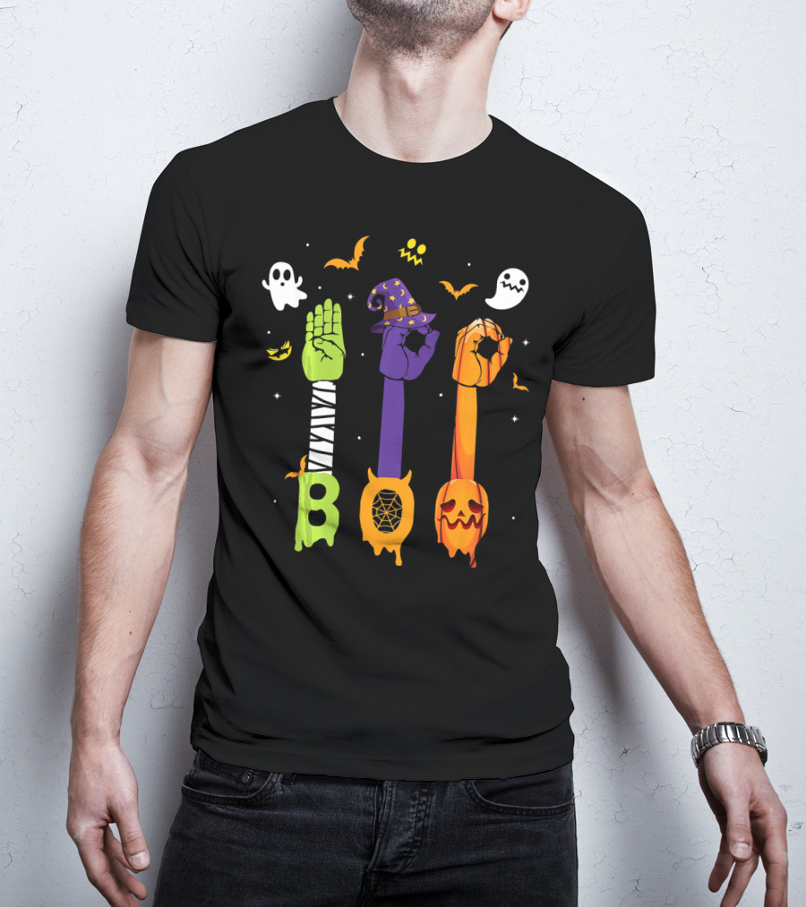 Boo Zombie Hand Sign Witch Hat Pumpkin Ghosts Halloween T-Shirt
