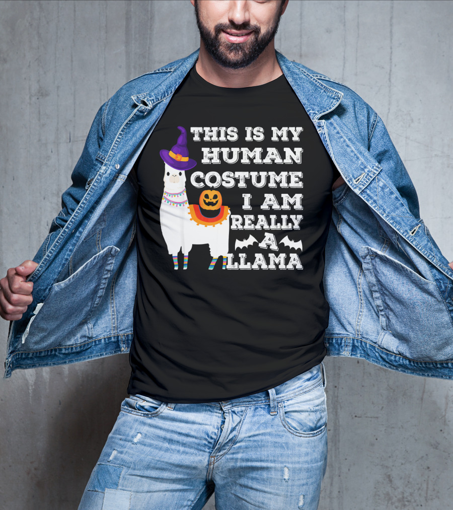 This Is My Human Costume I Am Really A Llama Halloween Witch Hat Pumpkin Bat T-Shirt