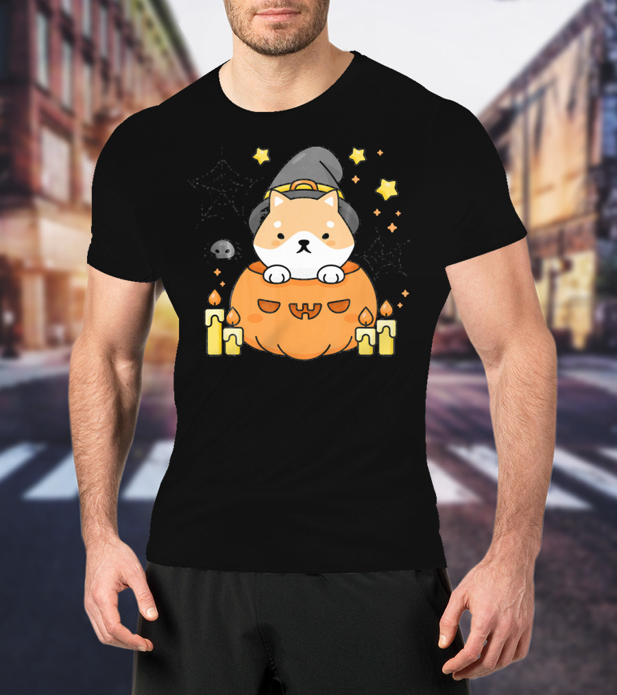 Kawaii Shiba Inu Dog In Witch Hat With Pumpkin And Candles Japanese T-Shirt