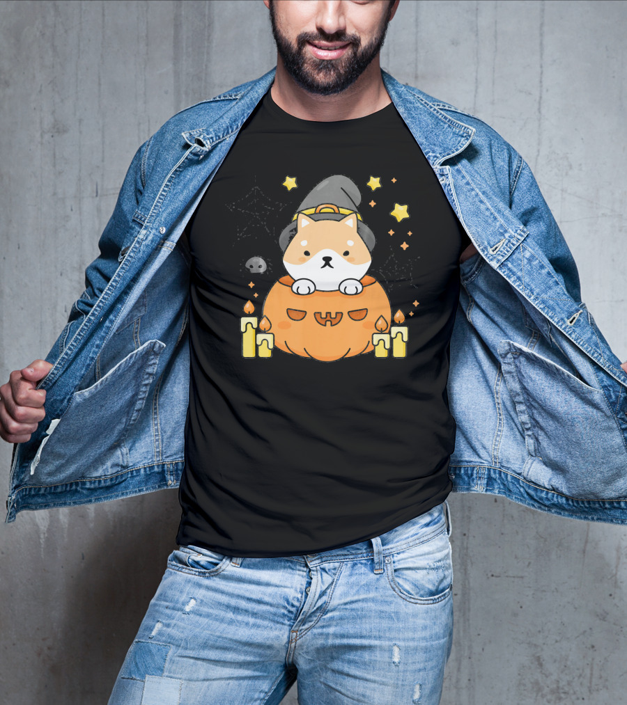 Kawaii Shiba Inu Dog In Witch Hat With Pumpkin And Candles Japanese T-Shirt
