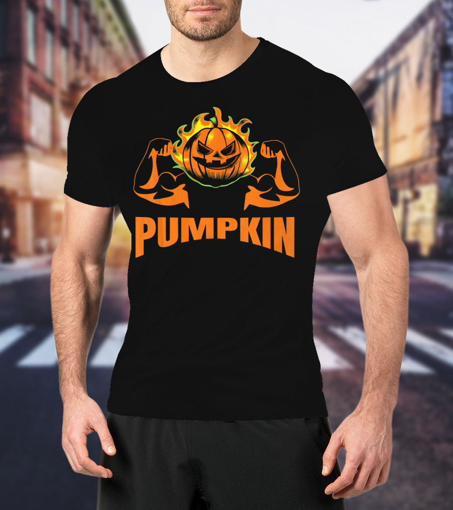 Bodybuilder Pumpkin Halloween Costume Muscles Jack-O'-Lantern T-Shirt