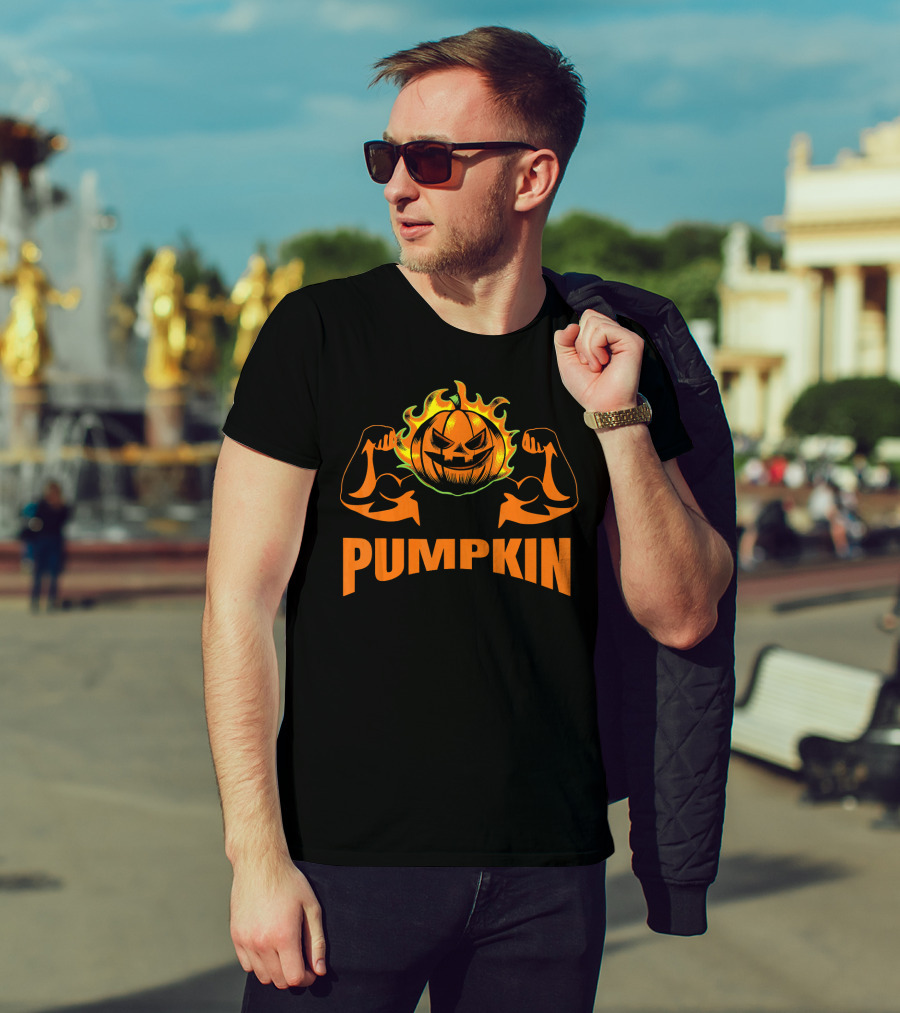 Bodybuilder Pumpkin Halloween Costume Muscles Jack-O'-Lantern T-Shirt