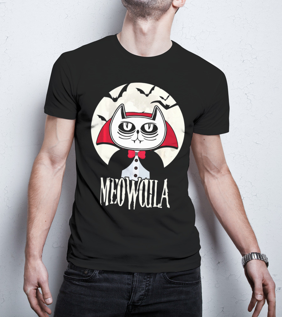 Meowcula Funny Cat Vampire Dracula Cartoon Bats Moon T-Shirt