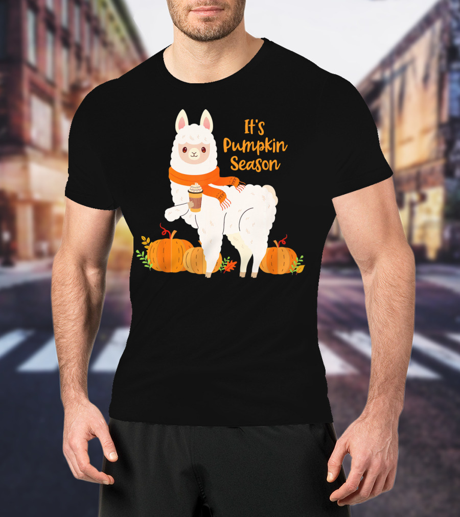 It's Pumpkin Season Llama With Autumn Leaves And Pumpkins T-Shirt