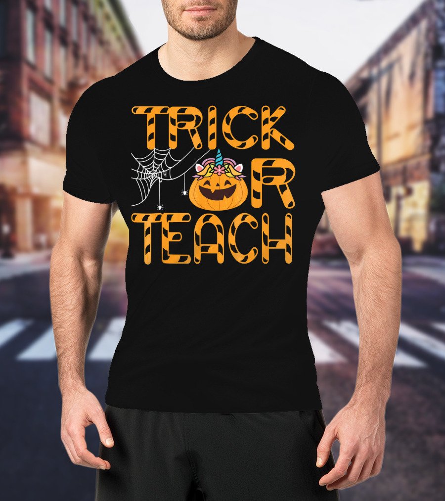 Trick Or Teach Funny Pumpkin Unicorn With Spider Web T-Shirt