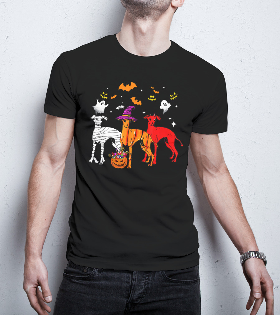 Halloween Italian Greyhound Dogs In Witch, Mummy, And Pumpkin Costumes With Ghosts And Bats T-Shirt