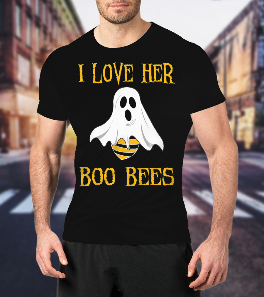 I Love Her Boo Bees Funny Couple Matching Halloween Ghost And Bee T-Shirt