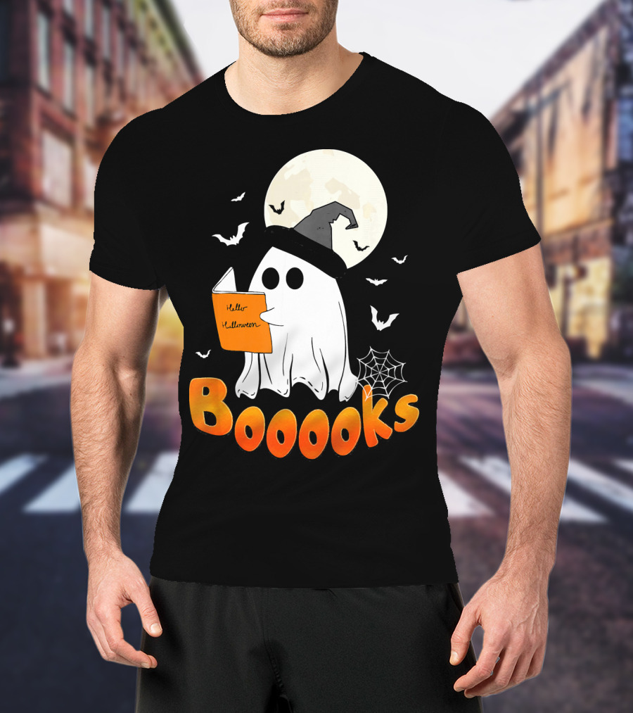 Boooks Ghost Reading Halloween Bats Moon Hat T-Shirt