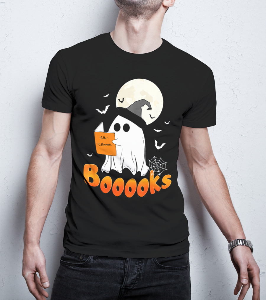 Boooks Ghost Reading Halloween Bats Moon Hat T-Shirt