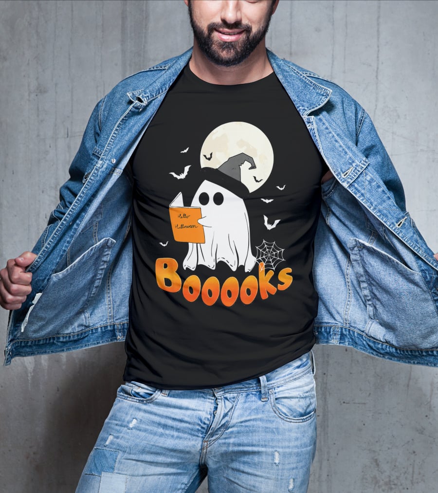 Boooks Ghost Reading Halloween Bats Moon Hat T-Shirt