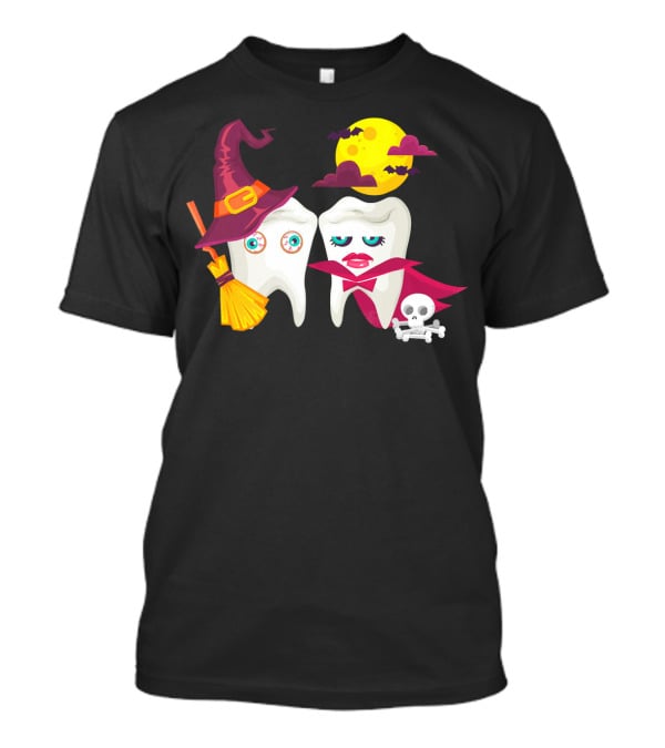 Witch Hat Broom Vampire Teeth Halloween Moon Bats T-Shirt