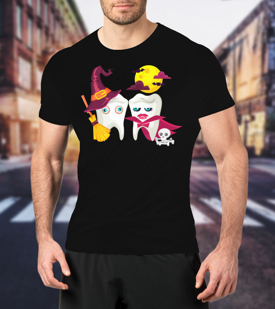 Witch Hat Broom Vampire Teeth Halloween Moon Bats T-Shirt