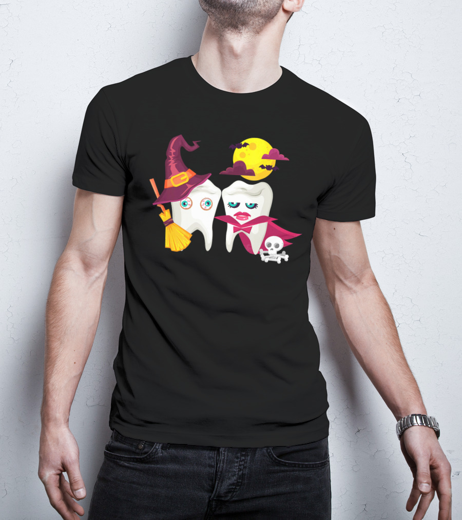 Witch Hat Broom Vampire Teeth Halloween Moon Bats T-Shirt