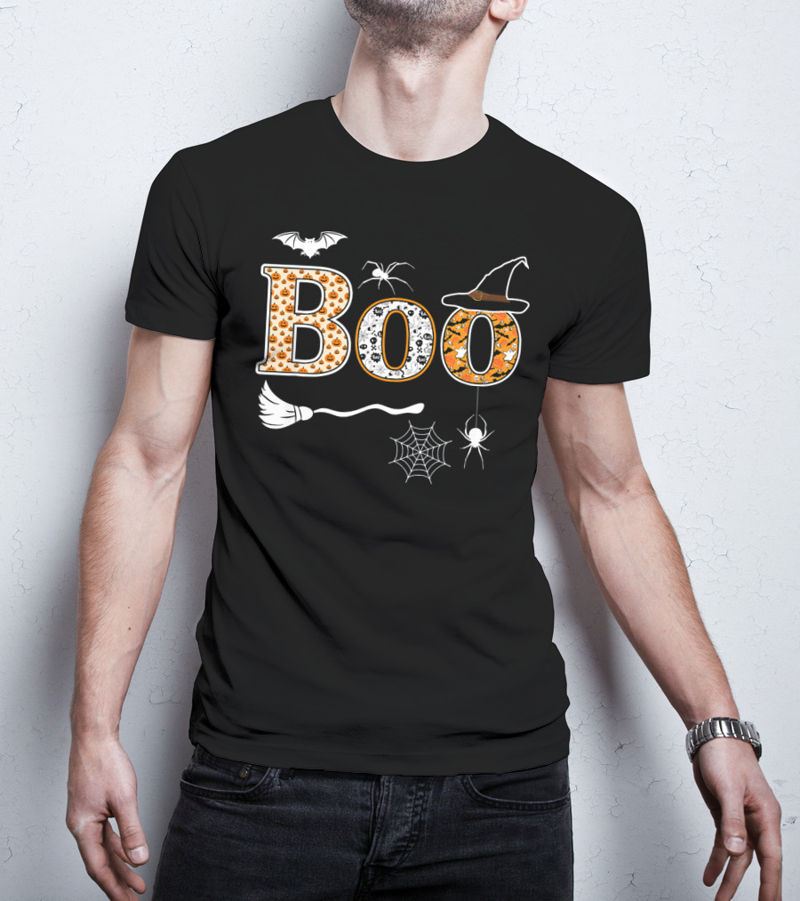 Halloween Boo Pumpkin With Witch Hat And Spider Web T-Shirt