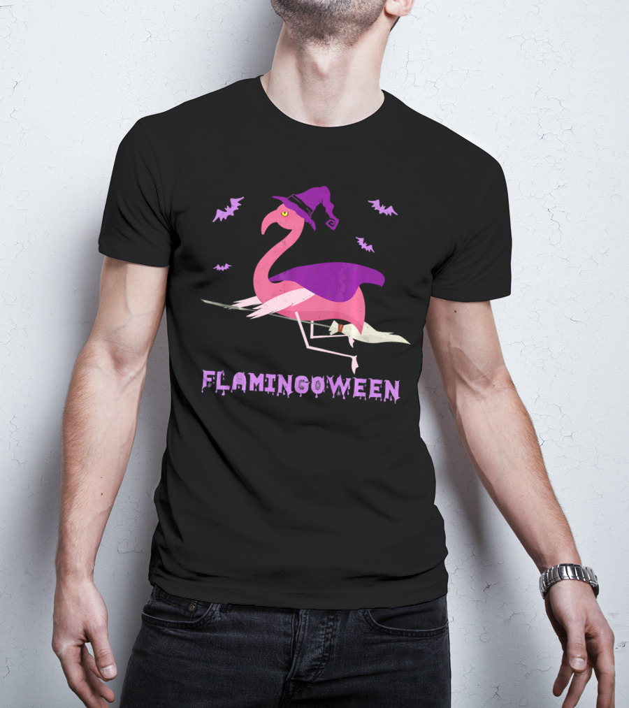 Flamingoween Funny Flamingo Witch With Bats And Broomstick T-Shirt