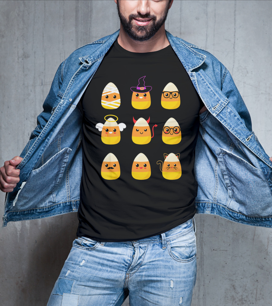 Candy Corn Characters Witch Angel Devil Cat Mummy Nerd Mustache T-Shirt