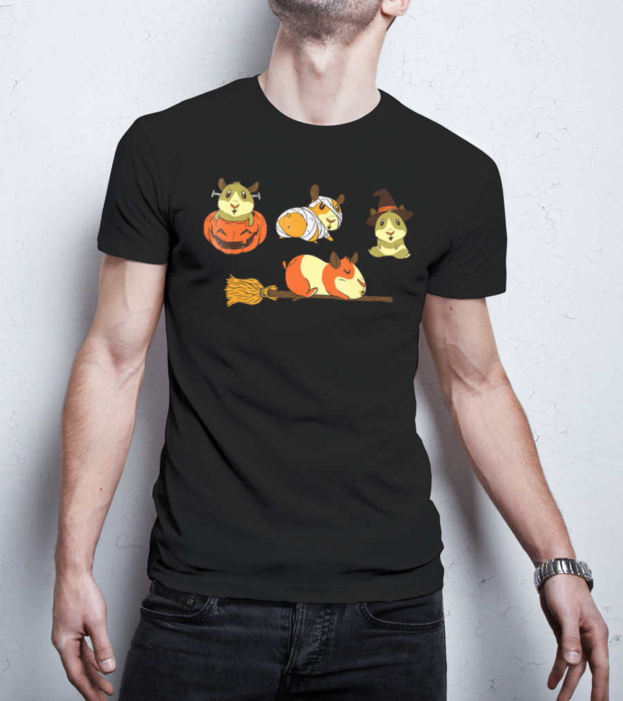 Funny Halloween Guinea Pigs With Witch And Pumpkin Costumes T-Shirt